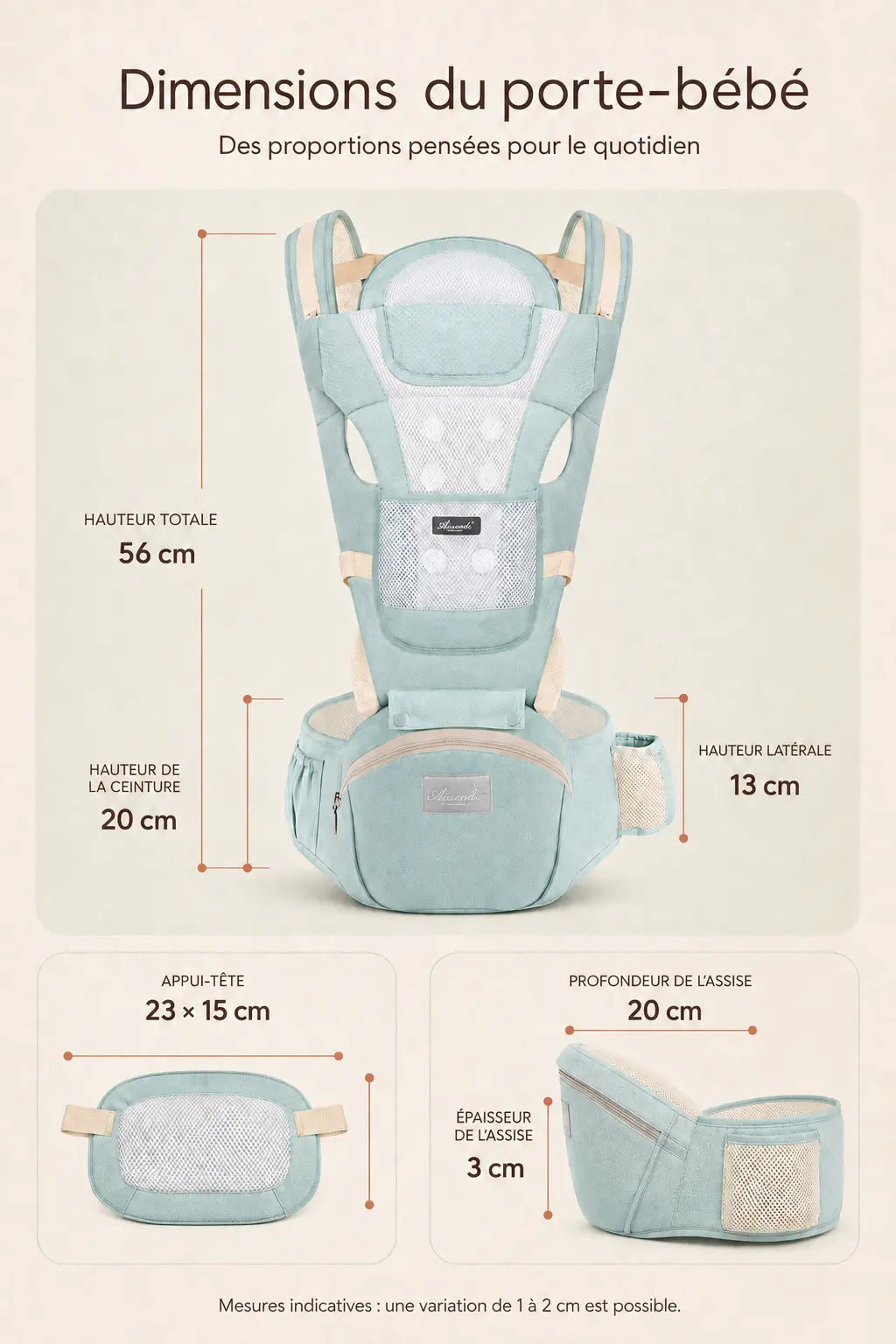 Infographie des dimensions et des éléments du porte-bébé